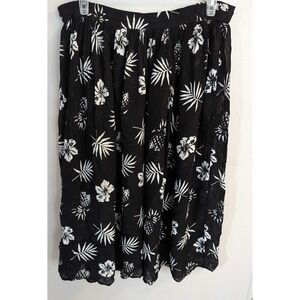 Vintage Entourage Women's 1X Black Gauze Tropical Print Elastic Waist Long Skirt
